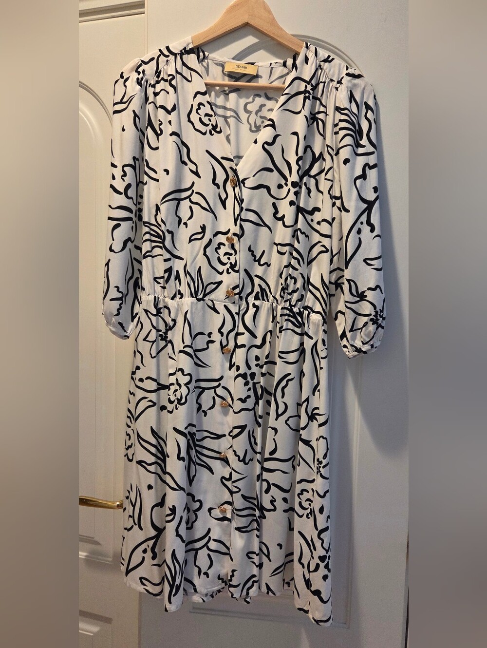 White Floral Button-Front Mini Dress with Black Print